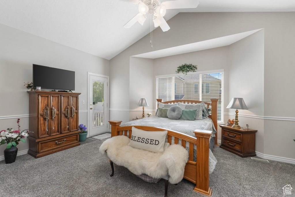 Bedroom with carpet floors, ceiling fan, high vaulted ceiling, access to outside, and baseboards