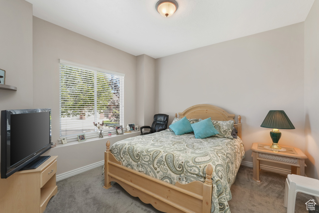 Bedroom with carpet floors and baseboards