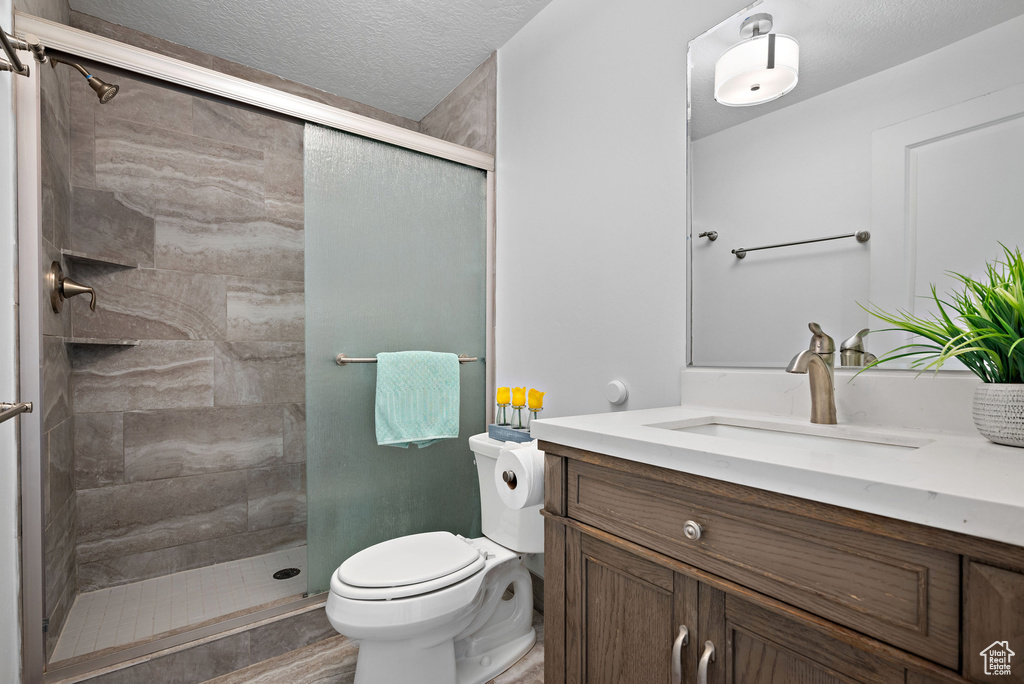 Bathroom featuring toilet, vanity, a stall shower, and a textured ceiling