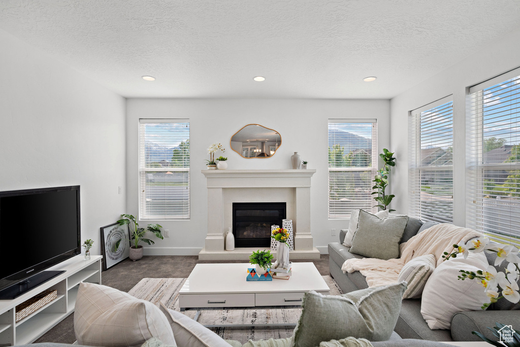 Carpeted living area featuring healthy amount of natural light, a textured ceiling, baseboards, recessed lighting, and a glass covered fireplace