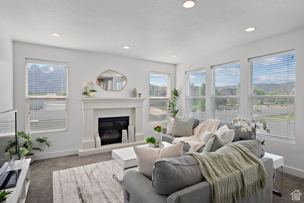 Living room with baseboards, a glass covered fireplace, recessed lighting, carpet, and a textured ceiling