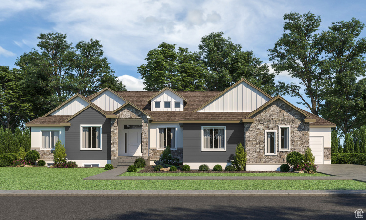 Craftsman inspired home with stone siding, board and batten siding, a front lawn, a garage, and driveway