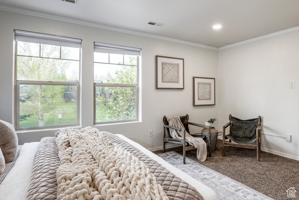 Carpeted bedroom featuring ornamental molding and baseboards