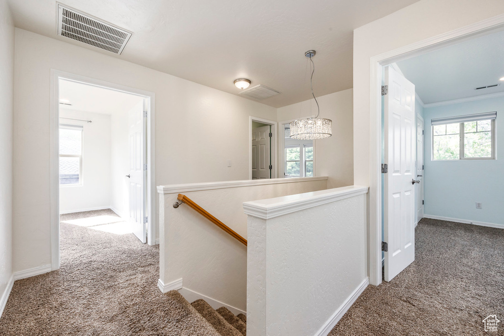 Hall with carpet flooring, an upstairs landing, and baseboards