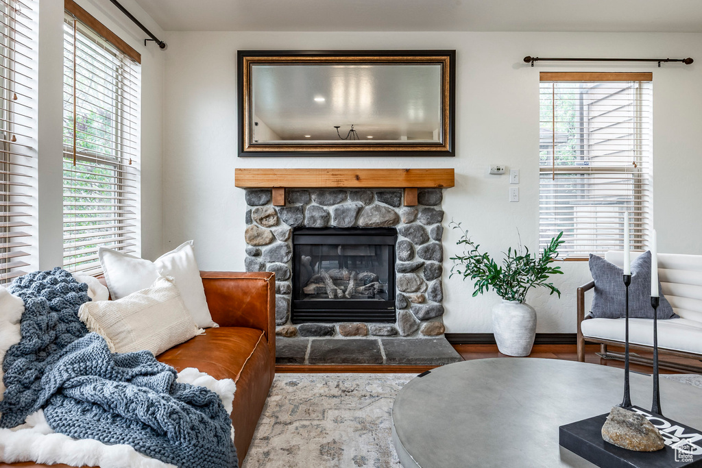 Living area featuring wood finished floors, a fireplace, and baseboards