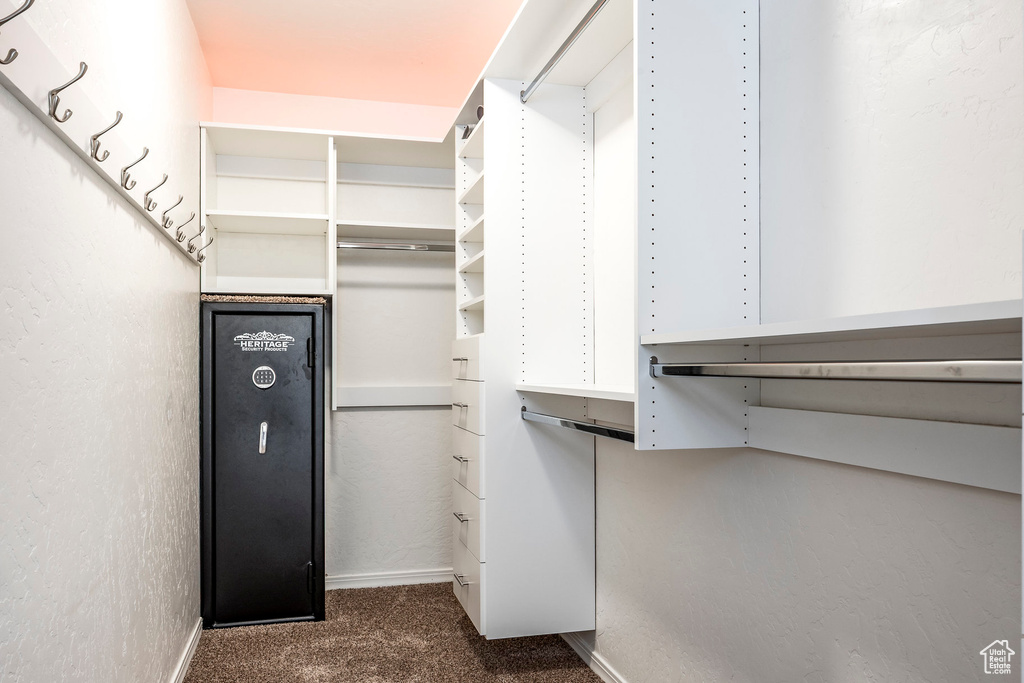 Walk in closet featuring dark colored carpet