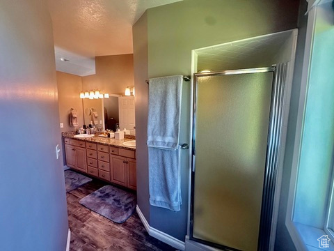 Full bathroom featuring wood finished floors, double vanity, and a shower stall