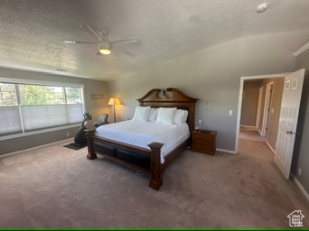 Bedroom with carpet flooring, baseboards, a ceiling fan, and a textured ceiling