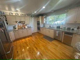 Kitchen featuring appliances with stainless steel finishes, under cabinet range hood, a sink, decorative backsplash, and light wood finished floors