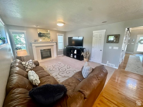 Living room featuring a textured ceiling, plenty of natural light, a fireplace with flush hearth, baseboards, and light wood-style floors