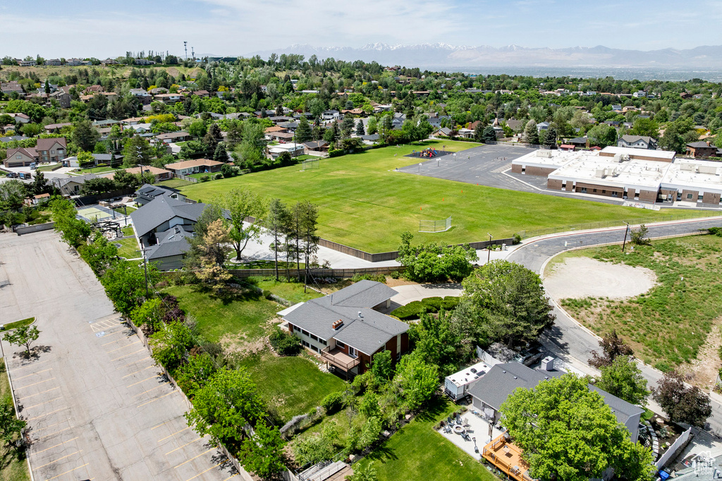 Aerial view of residential area with mountains