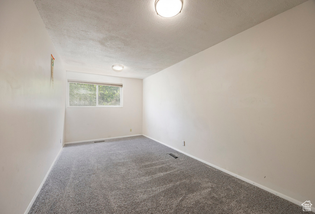 Empty room with a textured ceiling, carpet floors, and baseboards