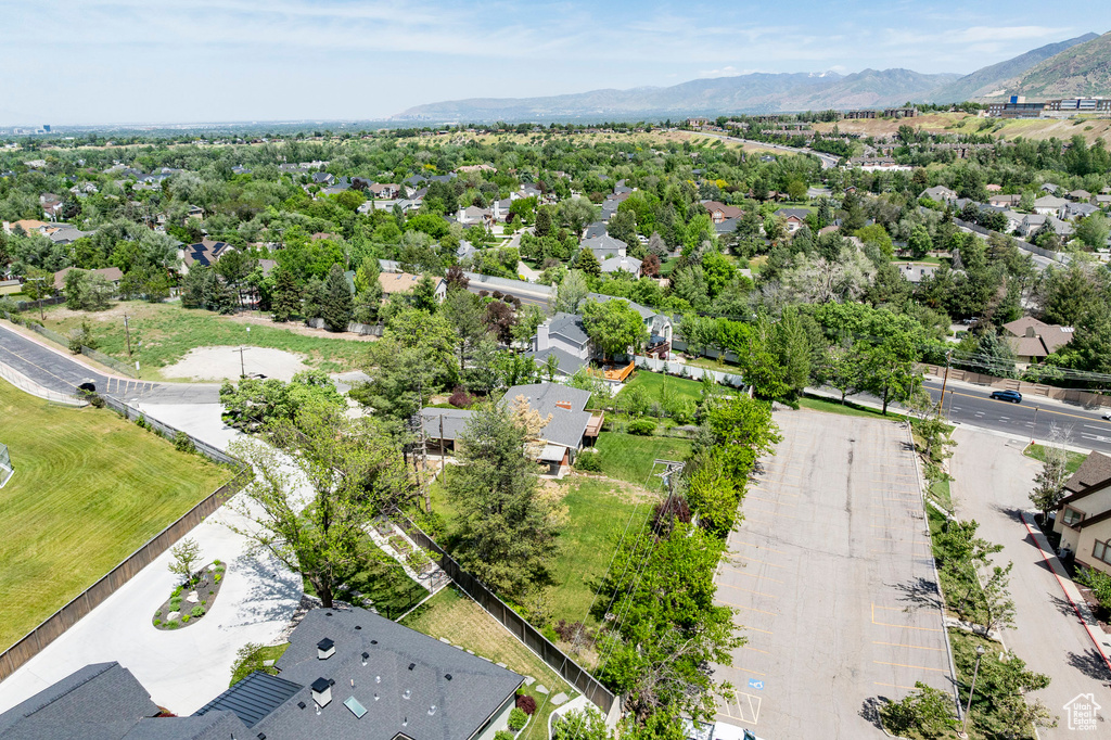Aerial view of residential area with mountains