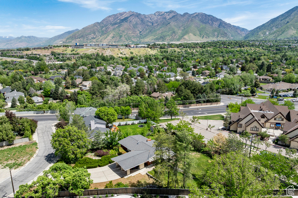 Aerial view of residential area with mountains