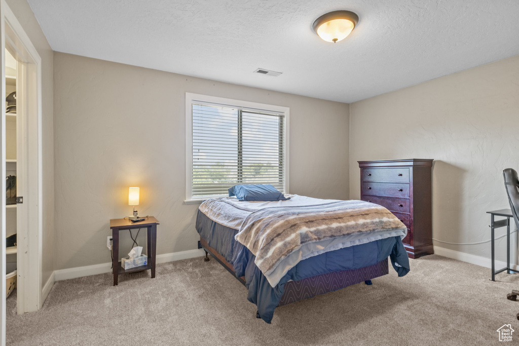 Bedroom featuring light colored carpet, baseboards, and a textured ceiling