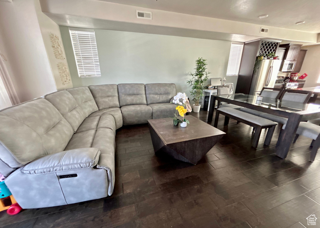 Living room featuring dark wood-type flooring