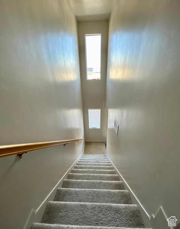 Stairway with carpet flooring and a textured ceiling