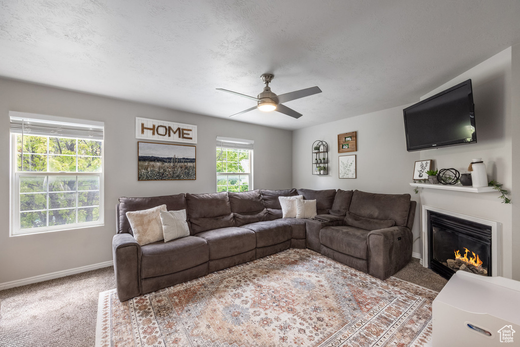 Carpeted living room with a ceiling fan, baseboards, and a glass covered fireplace