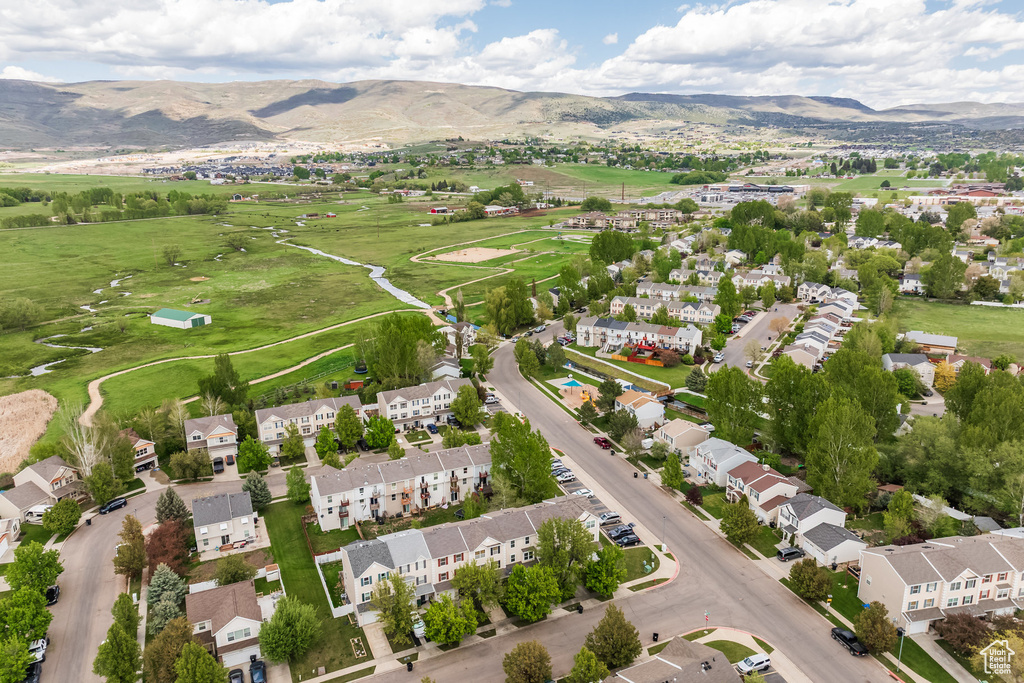 Aerial perspective of suburban area featuring mountains