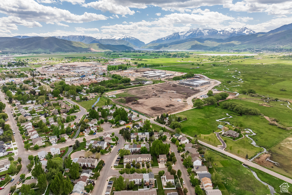 Drone / aerial view of a mountainous background