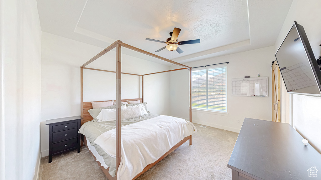 Bedroom featuring a raised ceiling, baseboards, light colored carpet, and ceiling fan