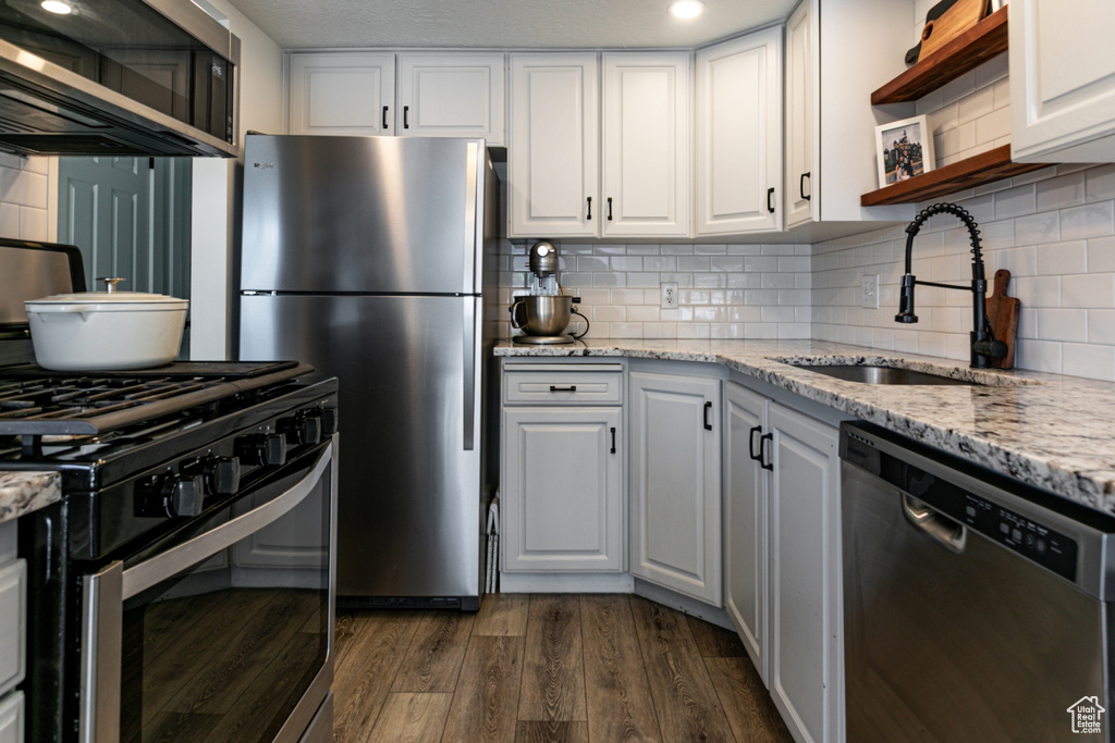 Kitchen with stainless steel appliances, a sink, open shelves, dark wood-type flooring, and recessed lighting