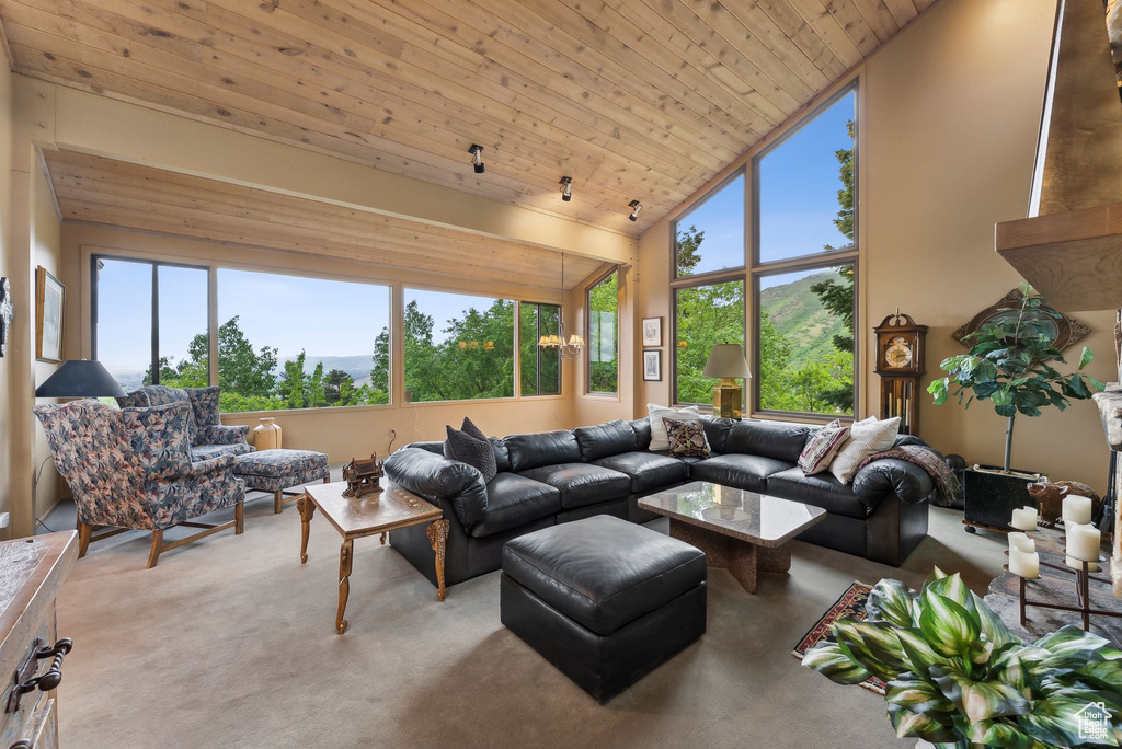Carpeted living room featuring wooden ceiling, healthy amount of natural light, and high vaulted ceiling