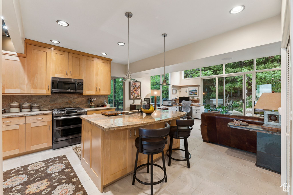 Kitchen with appliances with stainless steel finishes, a sink, tasteful backsplash, recessed lighting, and light stone countertops