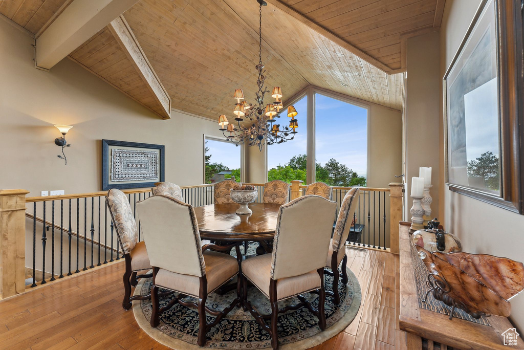 Dining area with wooden ceiling, a chandelier, and hardwood / wood-style flooring