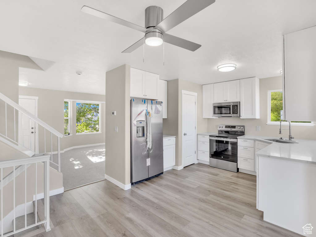 Kitchen with appliances with stainless steel finishes, a sink, light wood-style floors, ceiling fan, and white cabinets