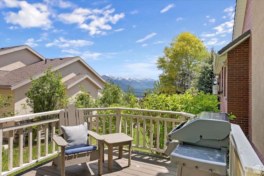 Wooden terrace with a grill and a mountain view