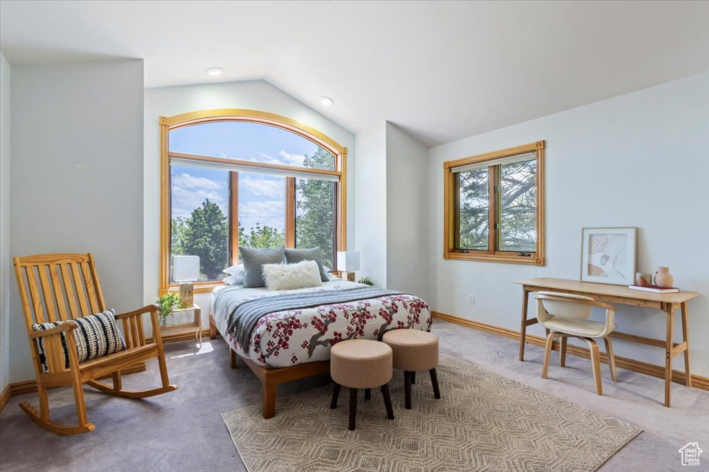 Carpeted bedroom with vaulted ceiling and baseboards