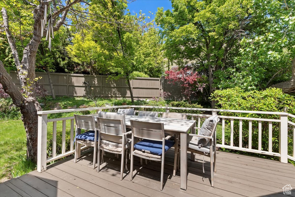 Deck featuring outdoor dining area and a fenced backyard