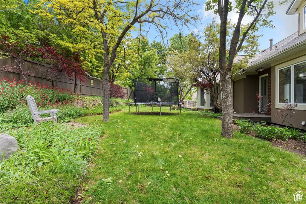 View of yard with a trampoline
