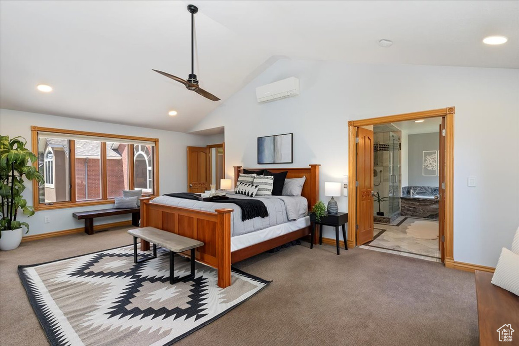 Carpeted bedroom featuring lofted ceiling, a wall mounted AC, recessed lighting, baseboards, and ceiling fan