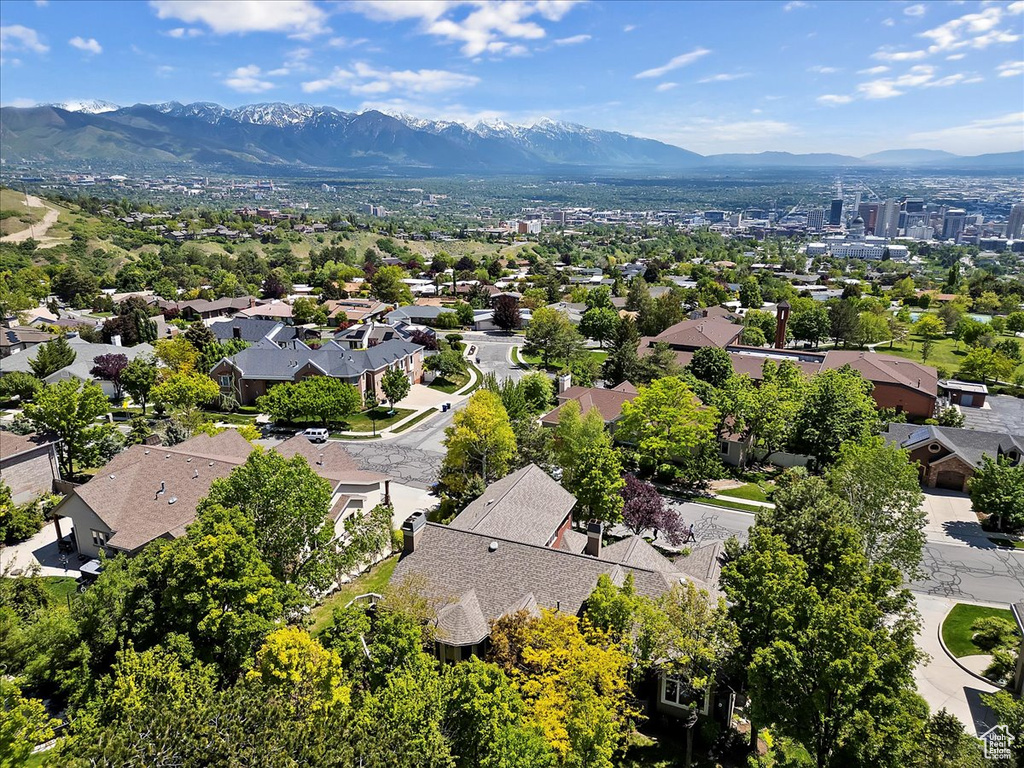 Aerial view of residential area with a mountain backdrop