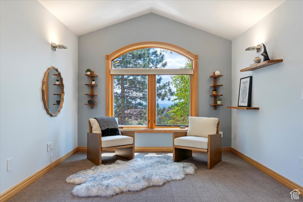Living area featuring carpet floors, lofted ceiling, and baseboards
