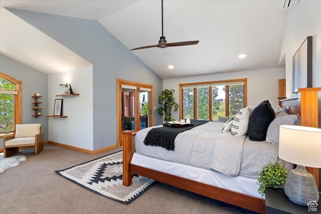 Bedroom featuring access to outside, carpet floors, recessed lighting, baseboards, and a ceiling fan