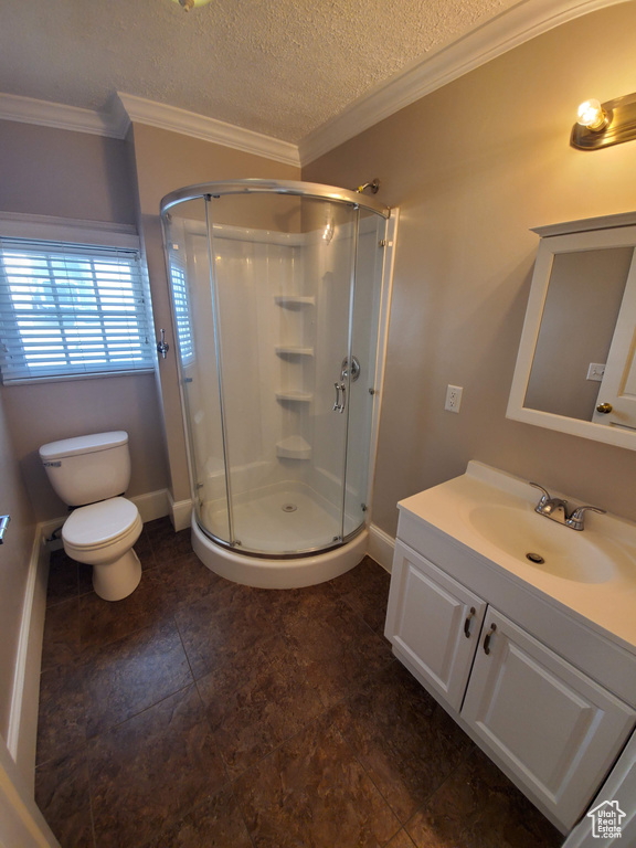 Full bathroom featuring a shower stall, vanity, toilet, crown molding, and a textured ceiling