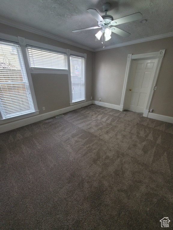 Spare room featuring baseboards, carpet floors, a ceiling fan, healthy amount of natural light, and a textured ceiling