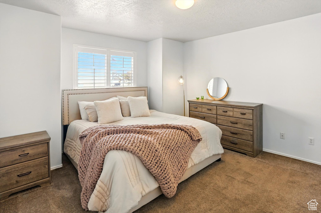 Carpeted bedroom with a textured ceiling and baseboards