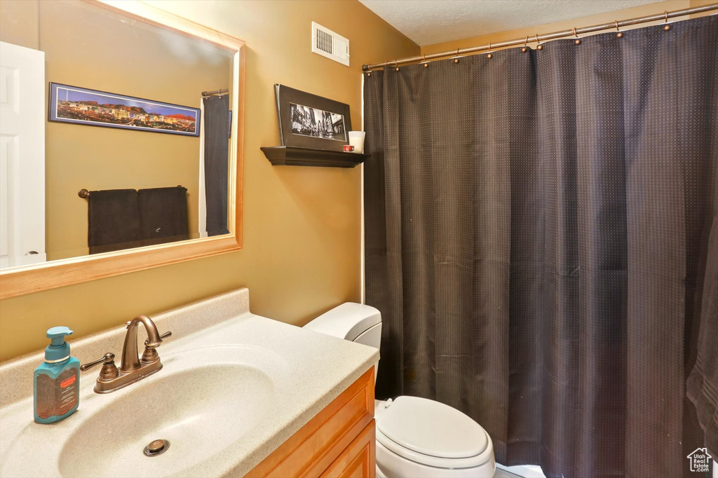 Full bathroom featuring toilet, vanity, and a shower with curtain