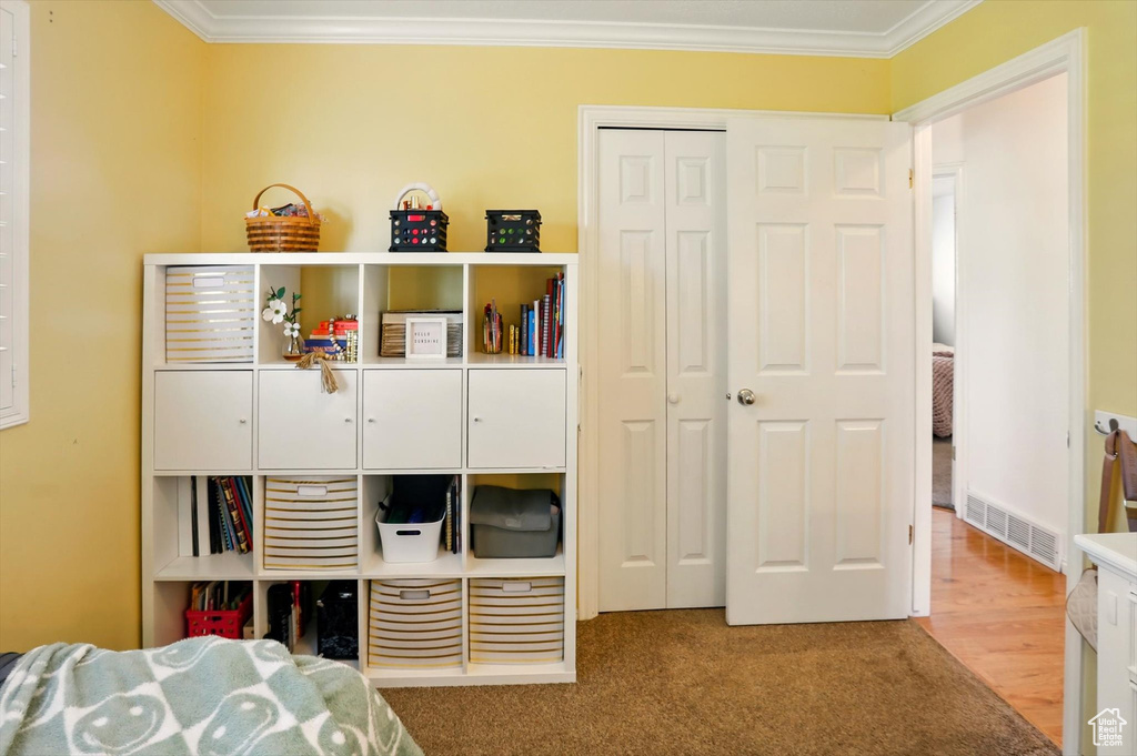 Carpeted bedroom featuring ornamental molding and a closet