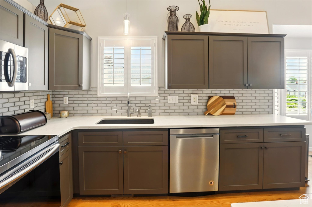 Kitchen featuring appliances with stainless steel finishes, a sink, backsplash, and light countertops