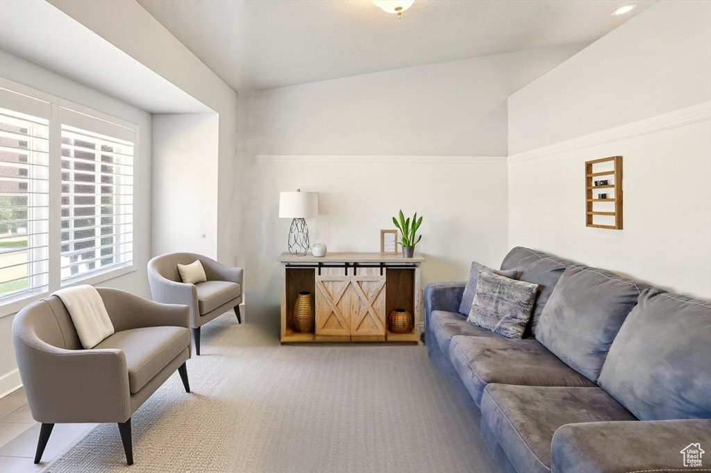 Living room with light carpet