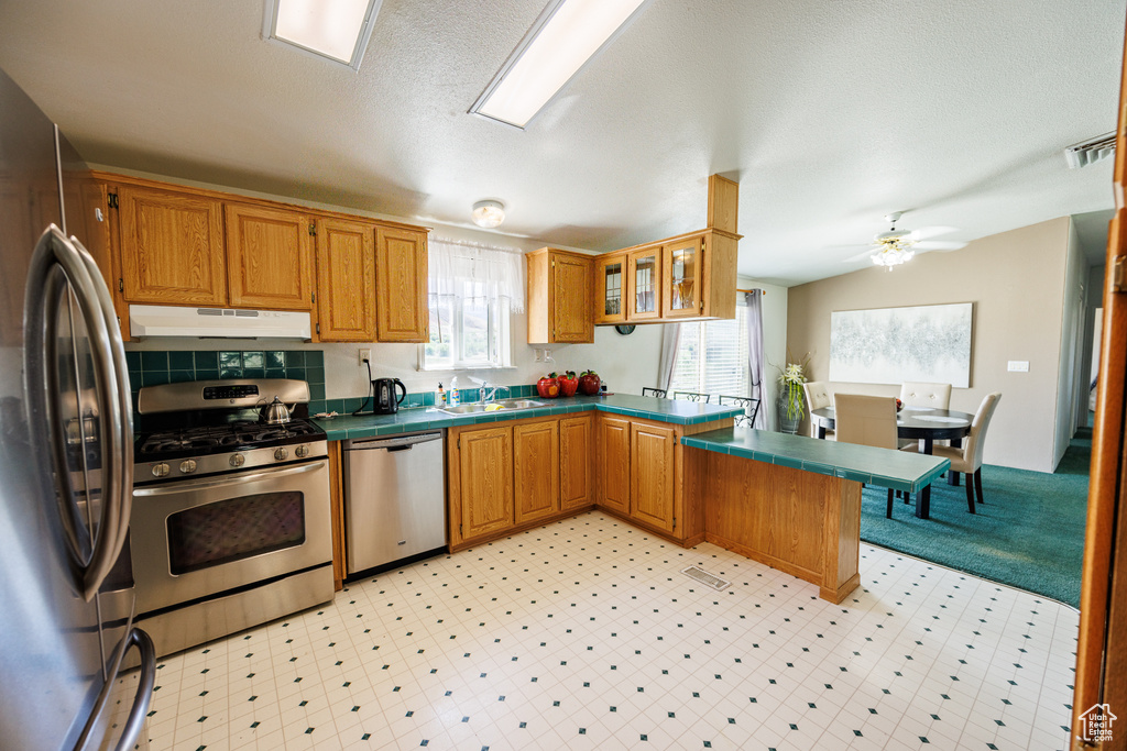 Kitchen with stainless steel appliances, under cabinet range hood, a peninsula, tile counters, and a sink