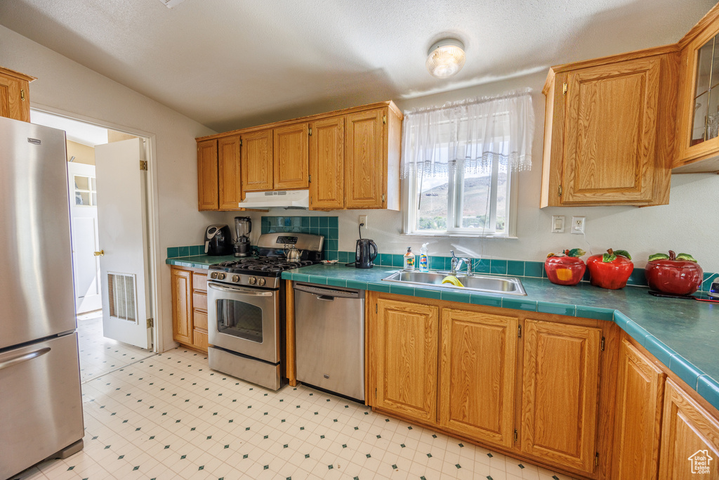 Kitchen featuring appliances with stainless steel finishes, under cabinet range hood, a sink, light flooring, and glass insert cabinets