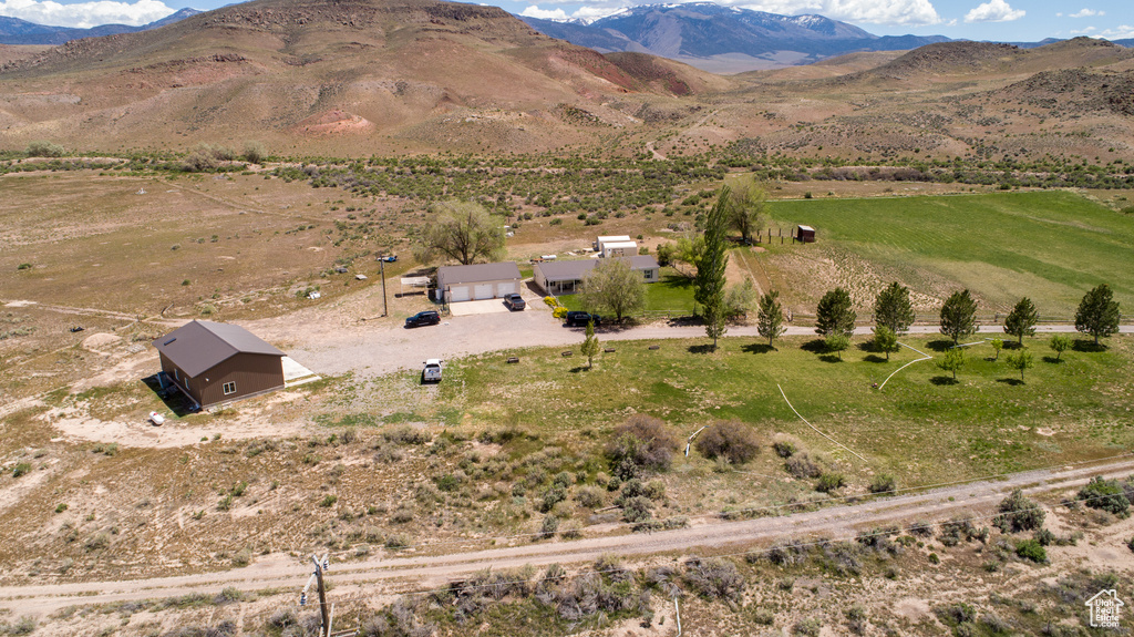 Overview of rural landscape with a mountain backdrop