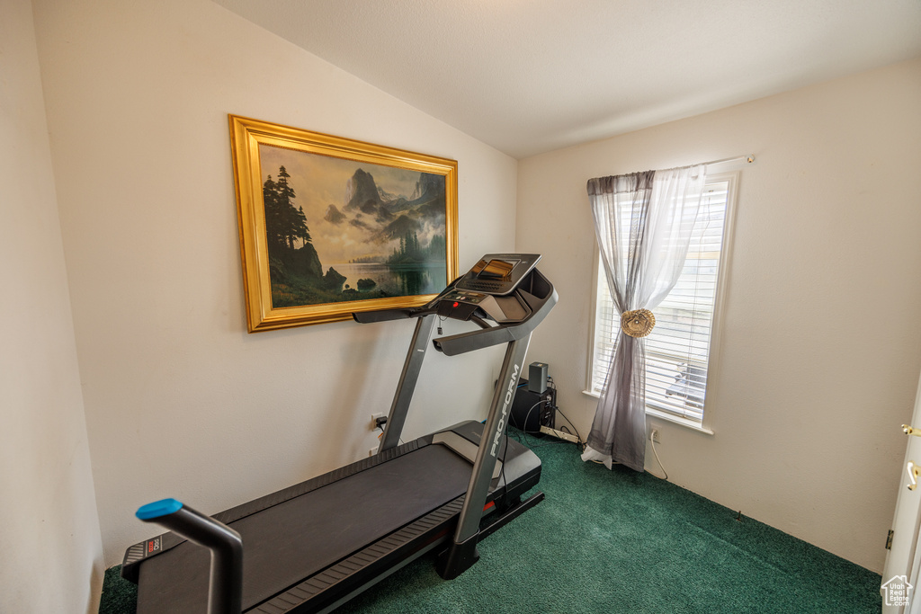Workout area featuring carpet flooring and vaulted ceiling
