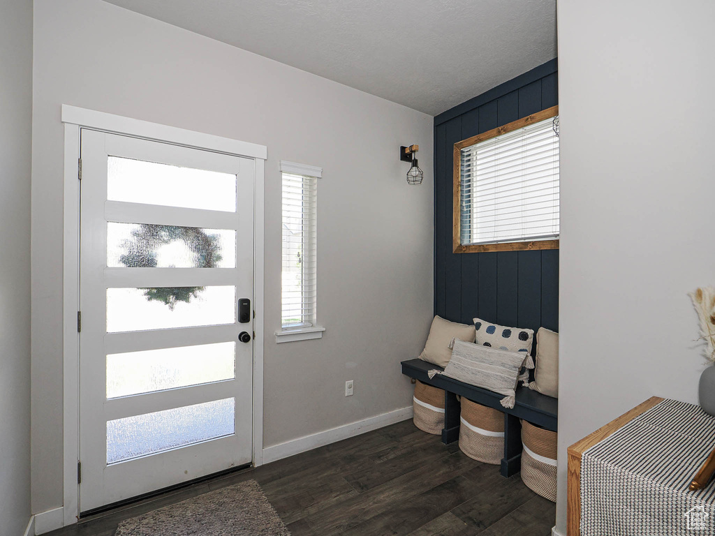 Entrance foyer with dark wood-type flooring and baseboards
